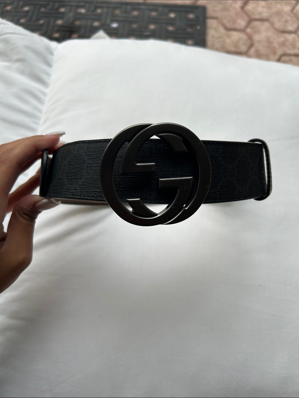 Gucci Men’s Black GG Monogram Belt with GREY Double G Buckle